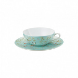 Tea cup extra and saucer turquoise background 7.44 oz with round gift box (22 cl