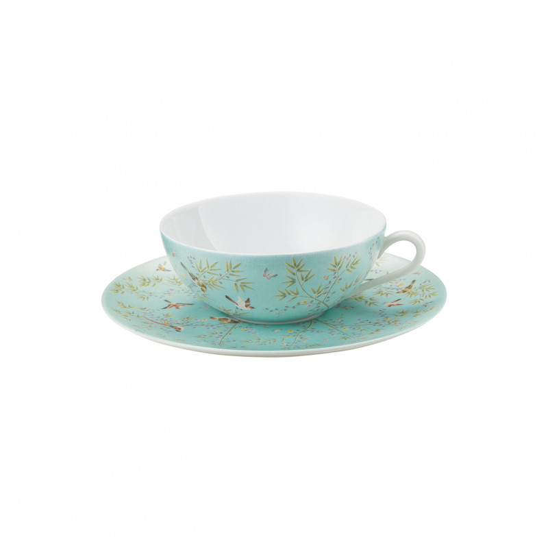 Tea cup extra and saucer turquoise background 7.44 oz with round gift box (22 cl