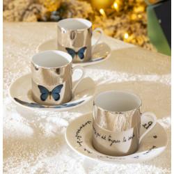 Gift box 2 coffee cups platinum mirror and saucers tuquoise butterfly 4.4 oz (13